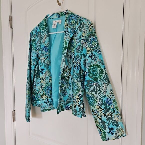 Coldwater Creek Colorful Tapestry Open Front Tropical  Boho Blazer Jacket SZ Med - Picture 2 of 8